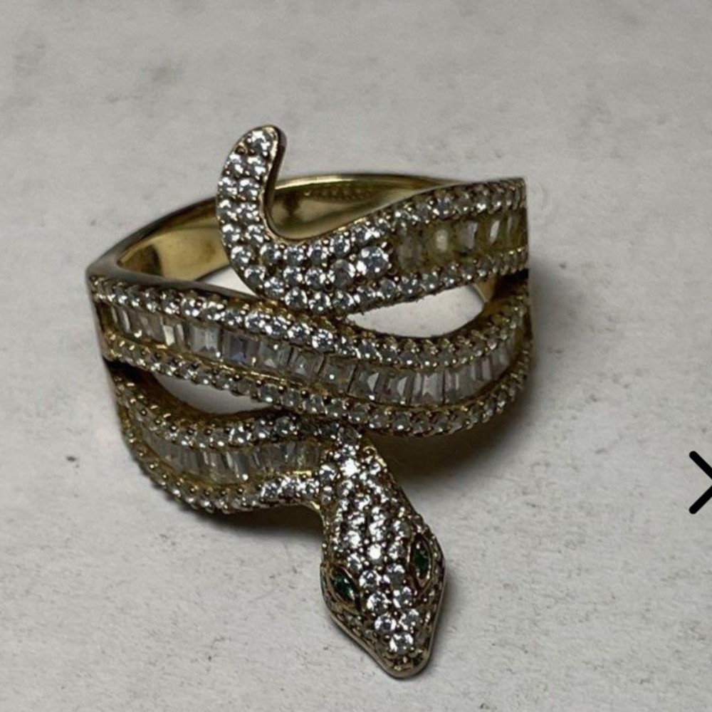 925 Sterling Silver Gold Tone Snake Ring CZ Baguette Bypass Size 4.75 5g